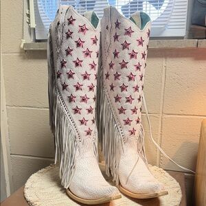 White and Pink Star Fringe Cowboy Boots